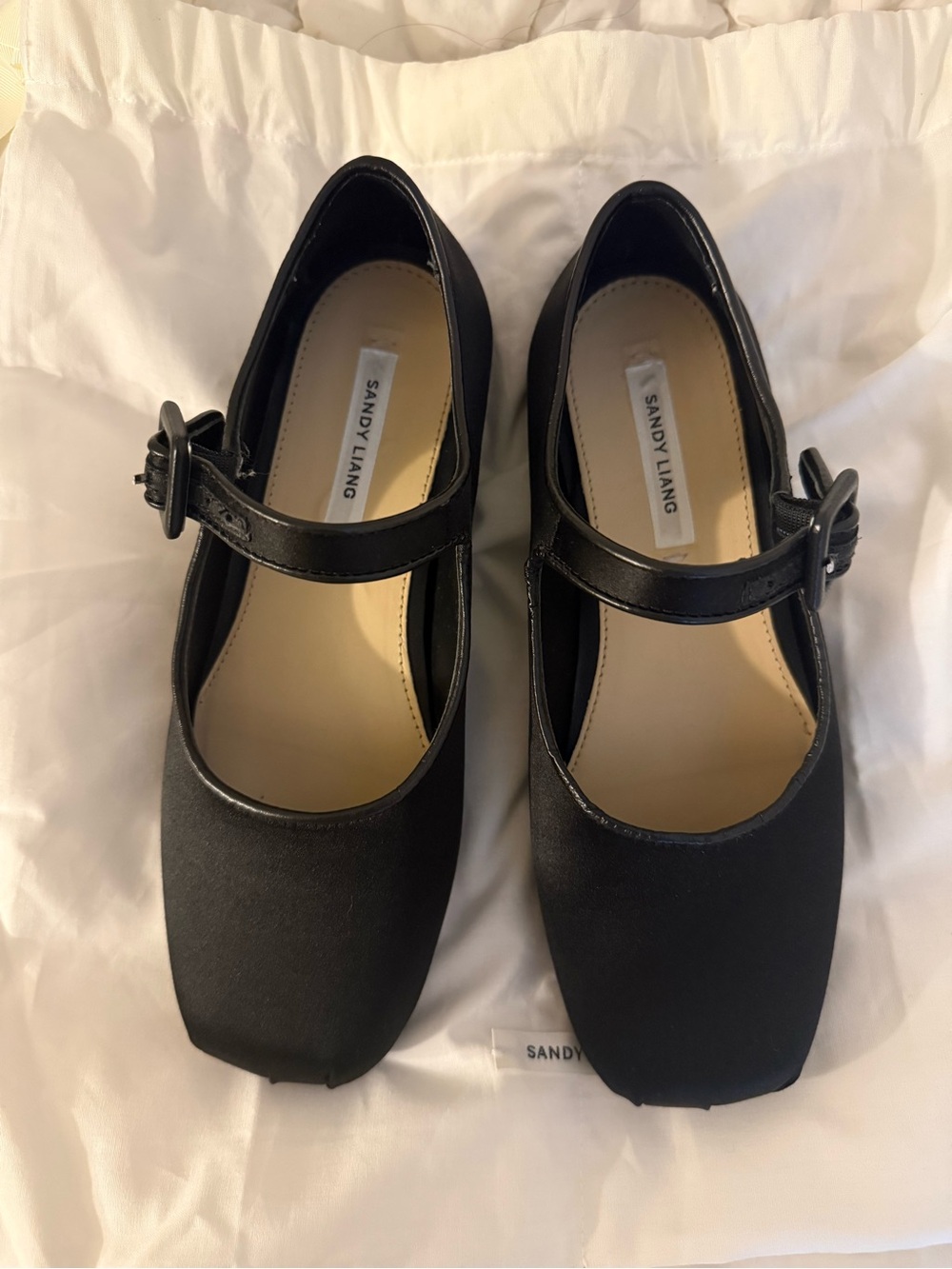 Sandy Liang Black Square-Toe Mary Jane Flats with Buckle Strap